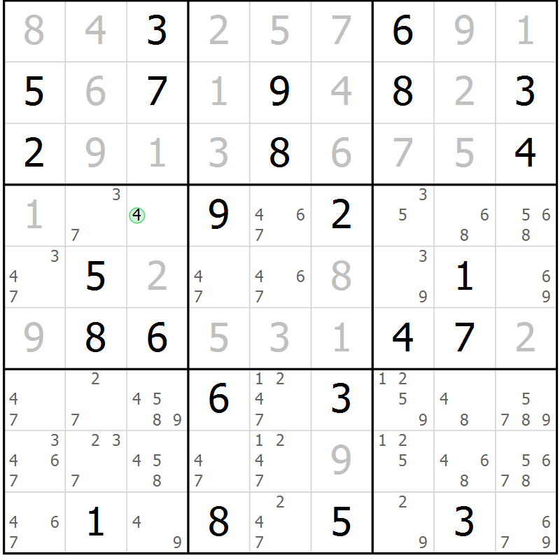 Position des candidats pour la solution de la Gr 71 page 74 du magazine de sudoku Virtuose n° 122