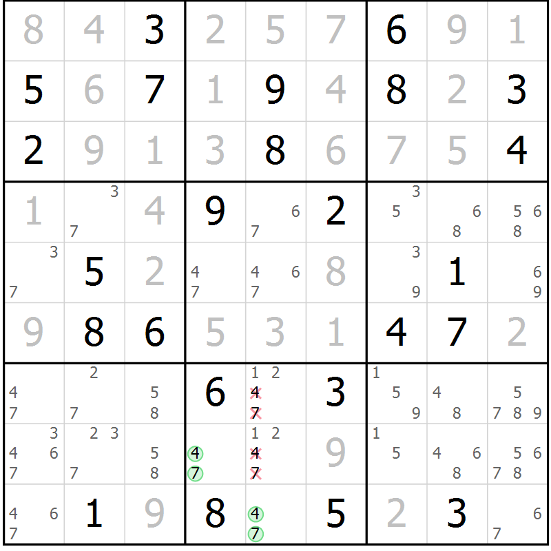 Position des candidats pour la solution de la Gr 71 page 74 du magazine de sudoku Virtuose n° 122