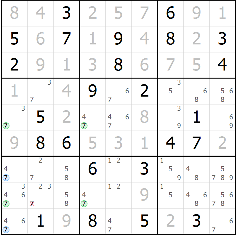 Position des candidats pour la solution de la Gr 71 page 74 du magazine de sudoku Virtuose n° 122