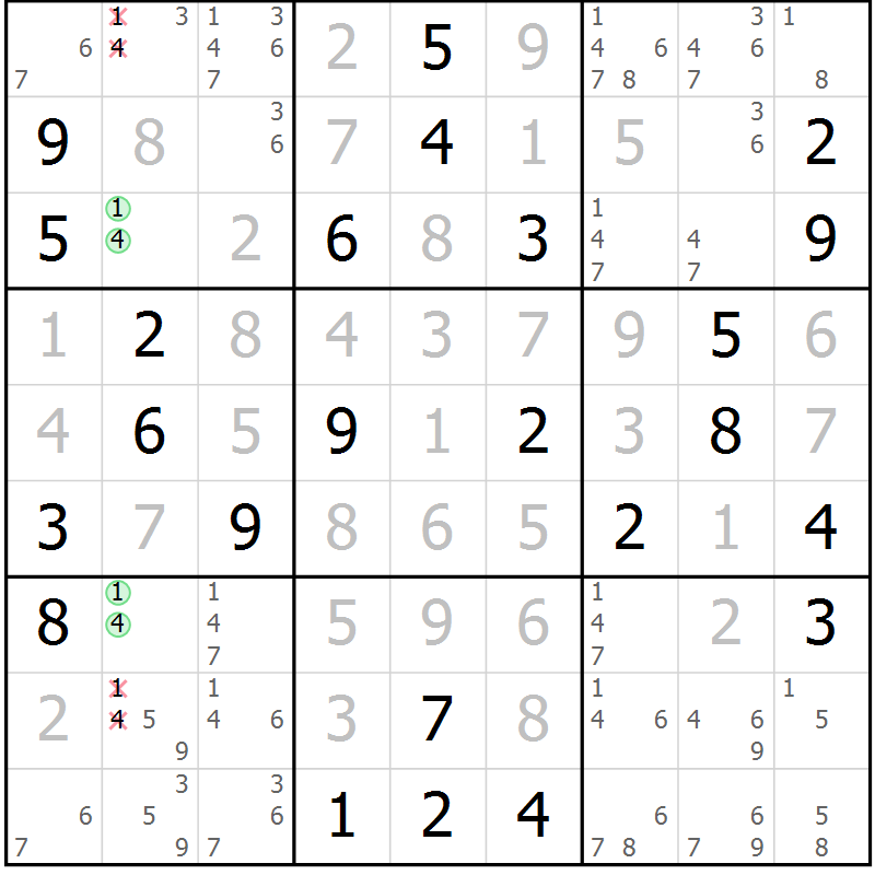 Position des candidats pour la solution de la Gr 72 page 75 du magazine de sudoku Virtuose n° 122