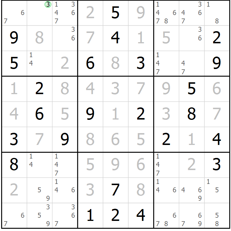 Position des candidats pour la solution de la Gr 72 page 75 du magazine de sudoku Virtuose n° 122