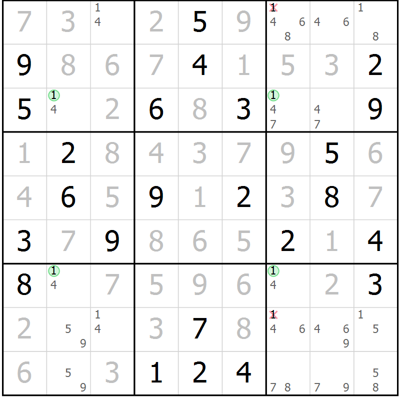 Position des candidats pour la solution de la Gr 72 page 75 du magazine de sudoku Virtuose n° 122