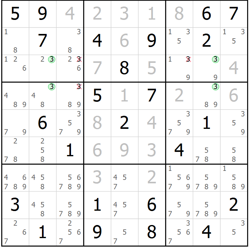 Position des candidats pour la solution de la Gr 73 page 76 du magazine de sudoku Virtuose n° 122