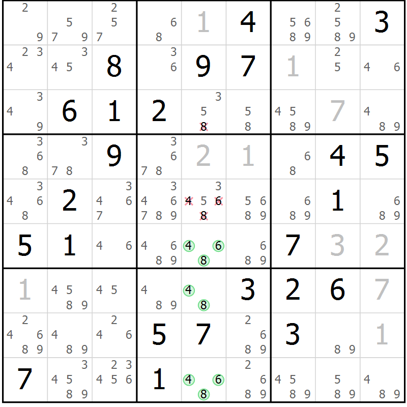 Position des candidats pour la solution de la Gr 74 page 77 du magazine de sudoku Virtuose n° 122
