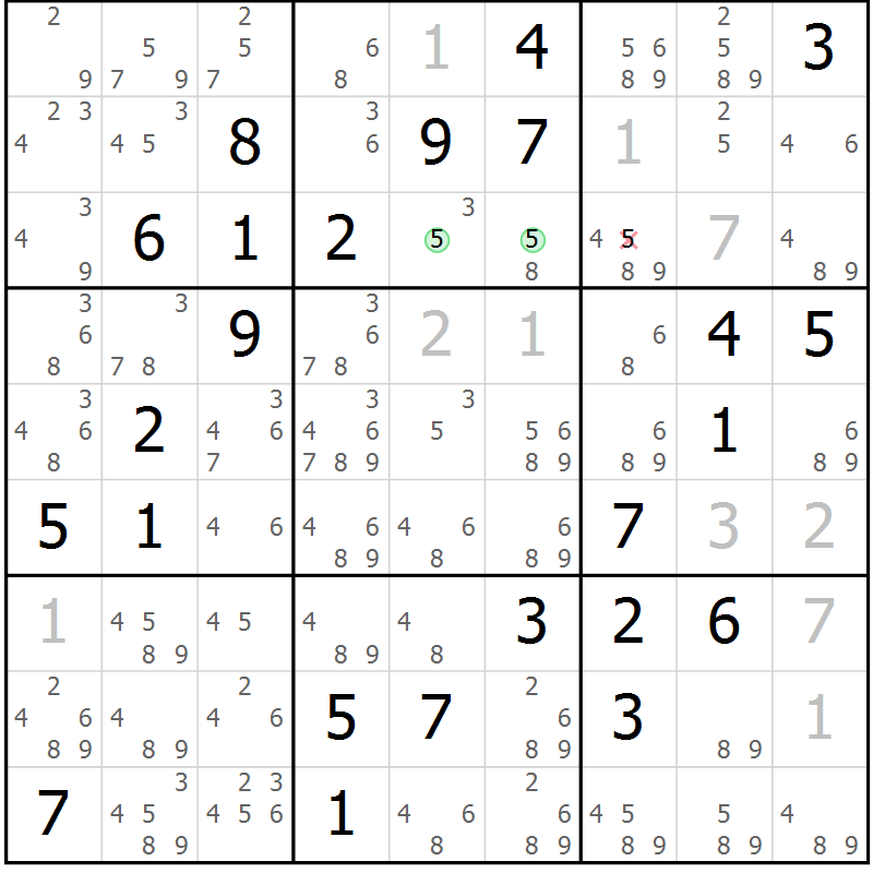 Position des candidats pour la solution de la Gr 74 page 77 du magazine de sudoku Virtuose n° 122