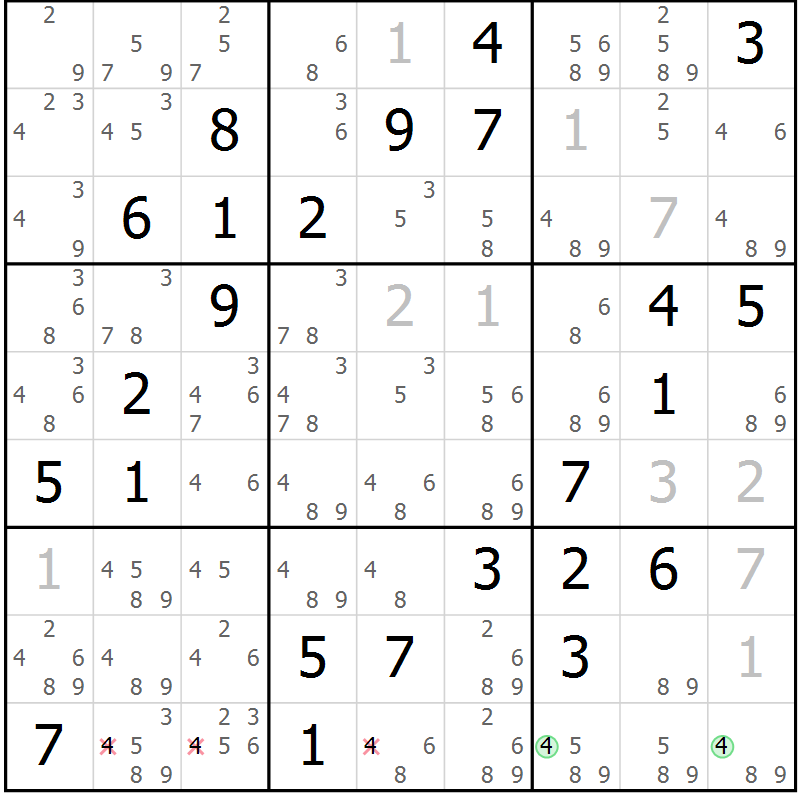 Position des candidats pour la solution de la Gr 74 page 77 du magazine de sudoku Virtuose n° 122