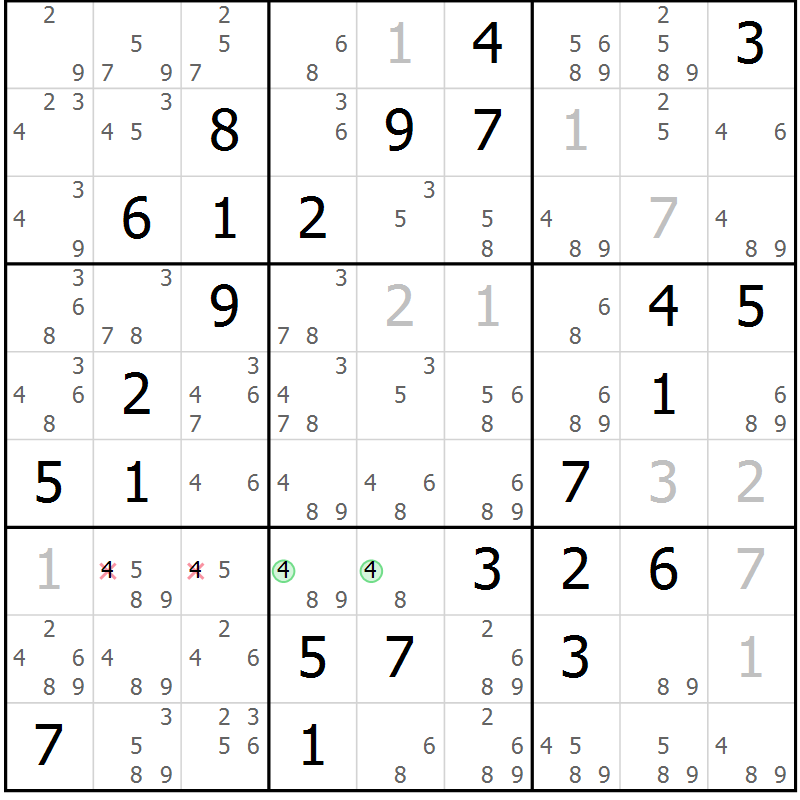 Position des candidats pour la solution de la Gr 74 page 77 du magazine de sudoku Virtuose n° 122