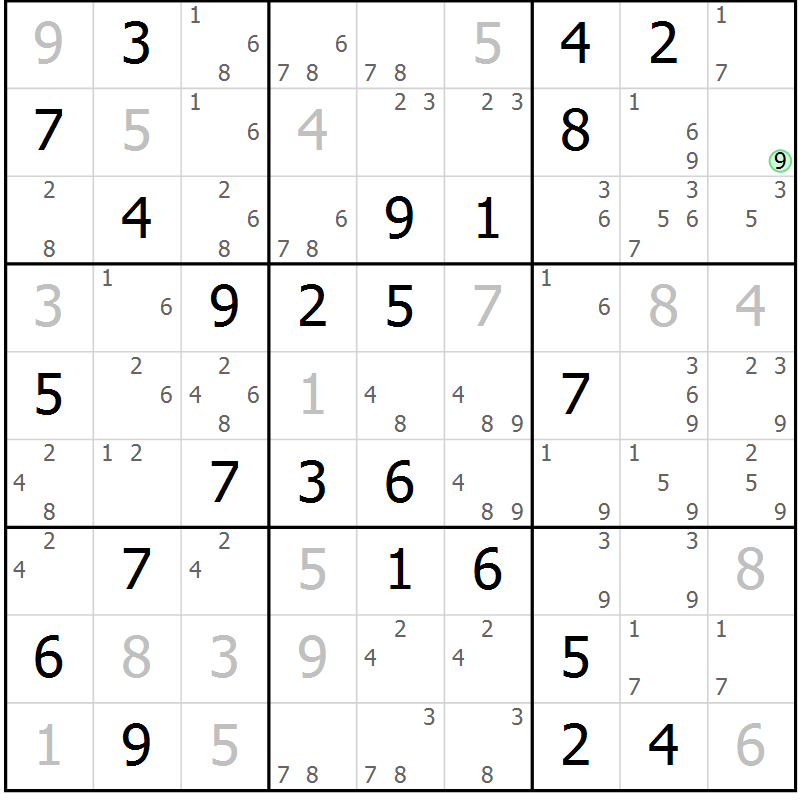 Position des candidats pour la solution de la Gr 75 page 78 du magazine de sudoku Virtuose n° 122