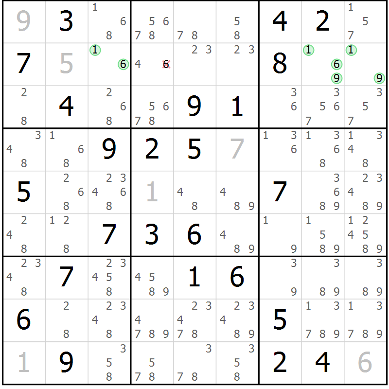 Position des candidats pour la solution de la Gr 75 page 78 du magazine de sudoku Virtuose n° 122