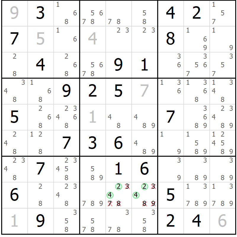 Position des candidats pour la solution de la Gr 75 page 78 du magazine de sudoku Virtuose n° 122