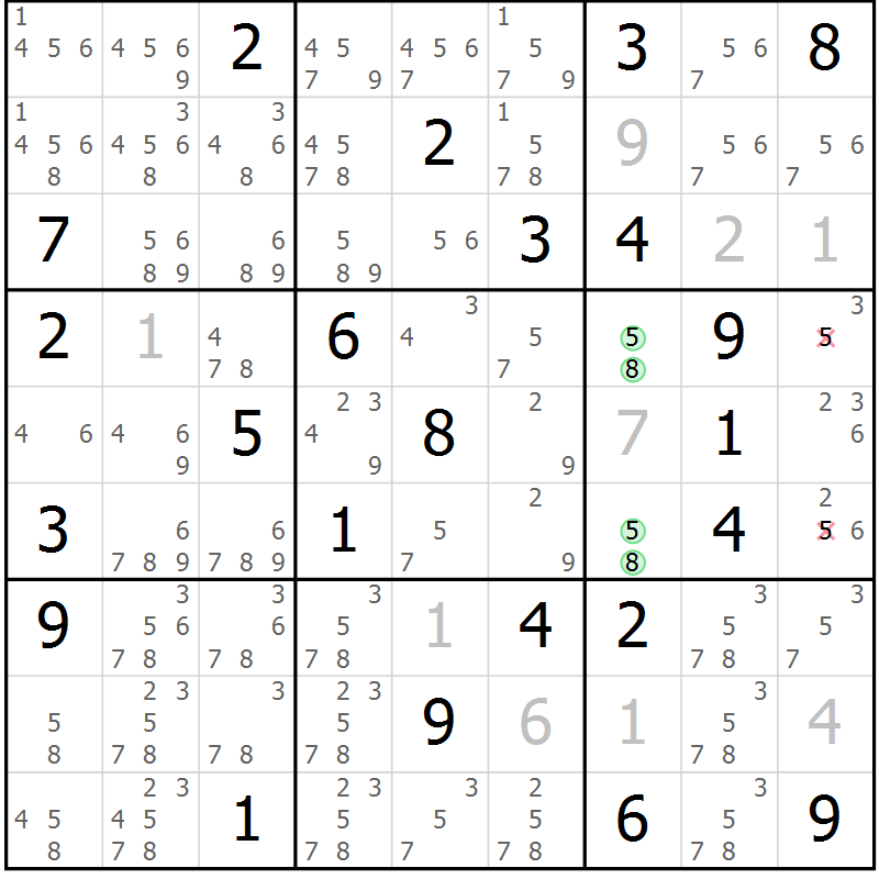 Position des candidats pour la solution de la Gr 78 page 81 du magazine de sudoku Virtuose n° 122