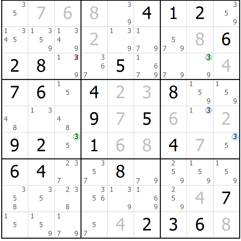 Position des candidats pour la solution de la Gr 79 page 82 du magazine de sudoku Virtuose n° 122