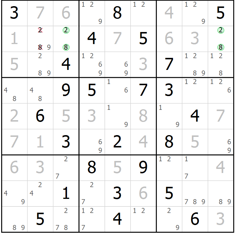 Position des candidats pour la solution de la Gr 82 page 85 du magazine de sudoku Virtuose n° 122