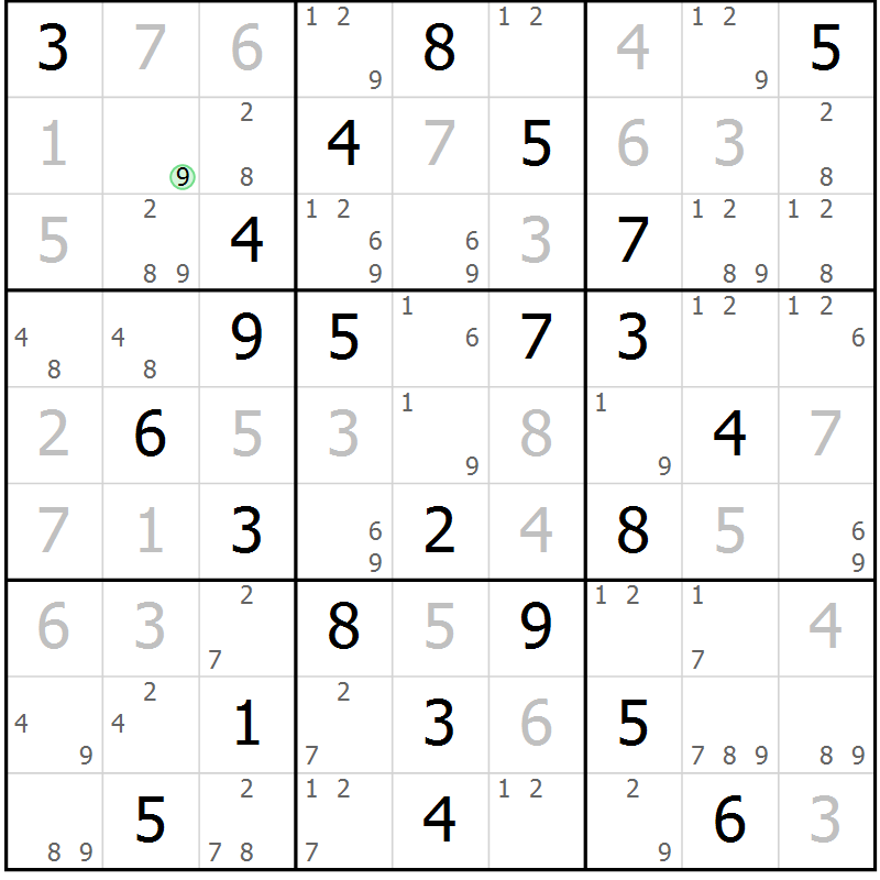 Position des candidats pour la solution de la Gr 82 page 85 du magazine de sudoku Virtuose n° 122