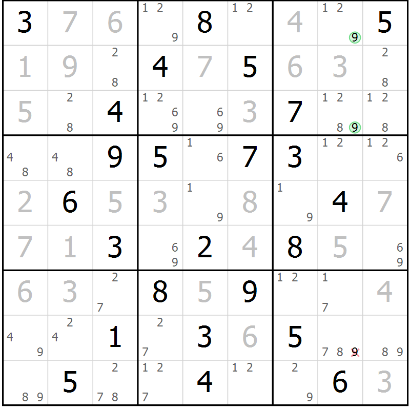 Position des candidats pour la solution de la Gr 82 page 85 du magazine de sudoku Virtuose n° 122