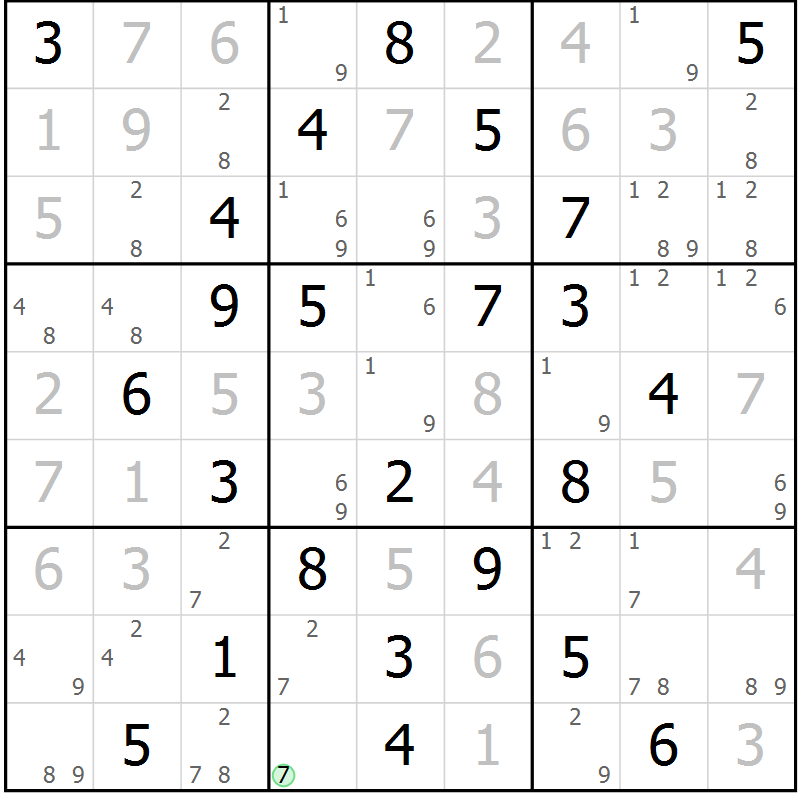 Position des candidats pour la solution de la Gr 82 page 85 du magazine de sudoku Virtuose n° 122