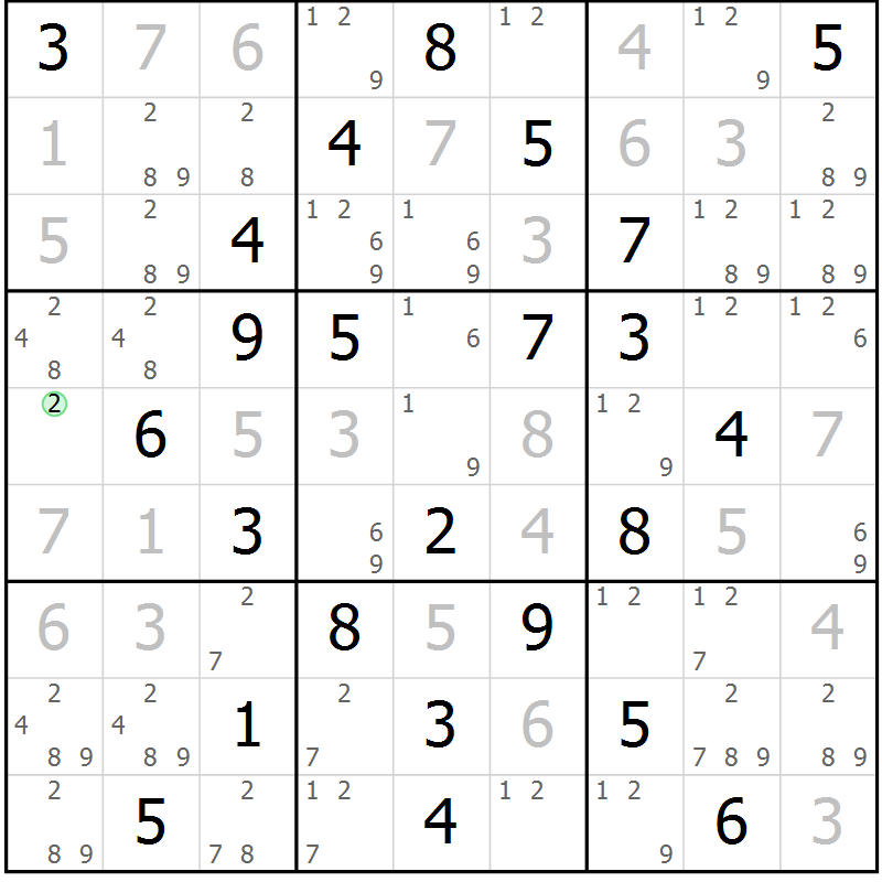 Position des candidats pour la solution de la Gr 82 page 85 du magazine de sudoku Virtuose n° 122