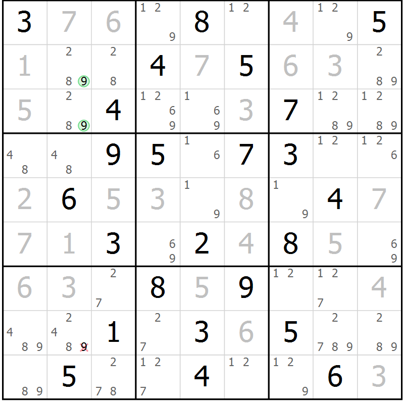 Position des candidats pour la solution de la Gr 82 page 85 du magazine de sudoku Virtuose n° 122