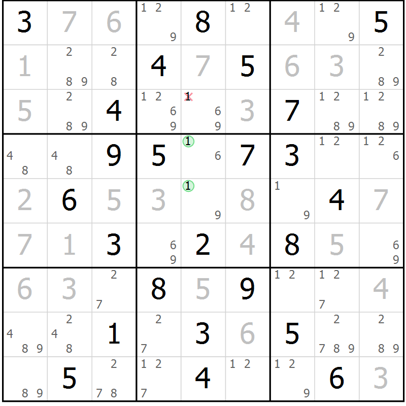 Position des candidats pour la solution de la Gr 82 page 85 du magazine de sudoku Virtuose n° 122