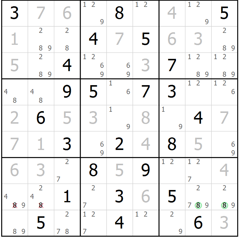 Position des candidats pour la solution de la Gr 82 page 85 du magazine de sudoku Virtuose n° 122