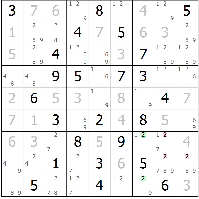 Position des candidats pour la solution de la Gr 82 page 85 du magazine de sudoku Virtuose n° 122