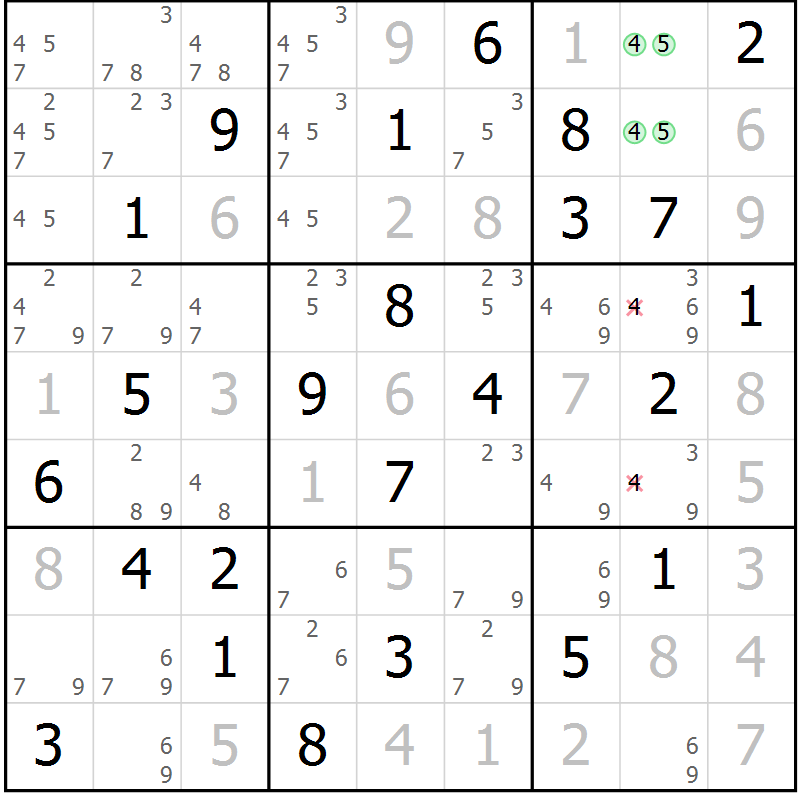 Position des candidats pour la solution de la Gr 84 page 87 du magazine de sudoku Virtuose n° 122