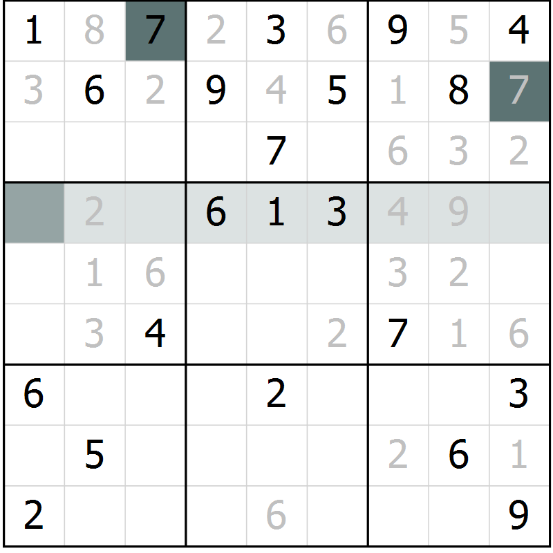 Position des candidats pour la solution de la Gr 9 page 12 du magazine de sudoku Virtuose n° 122