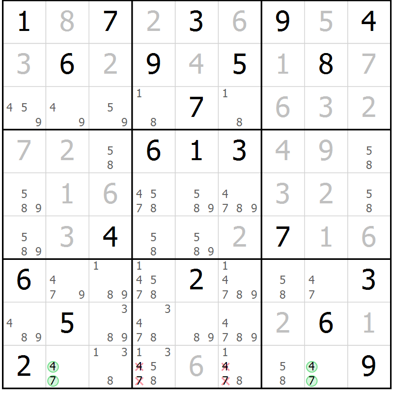 Position des candidats pour la solution de la Gr 9 page 12 du magazine de sudoku Virtuose n° 122