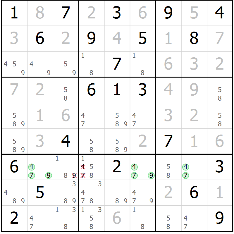 Position des candidats pour la solution de la Gr 9 page 12 du magazine de sudoku Virtuose n° 122