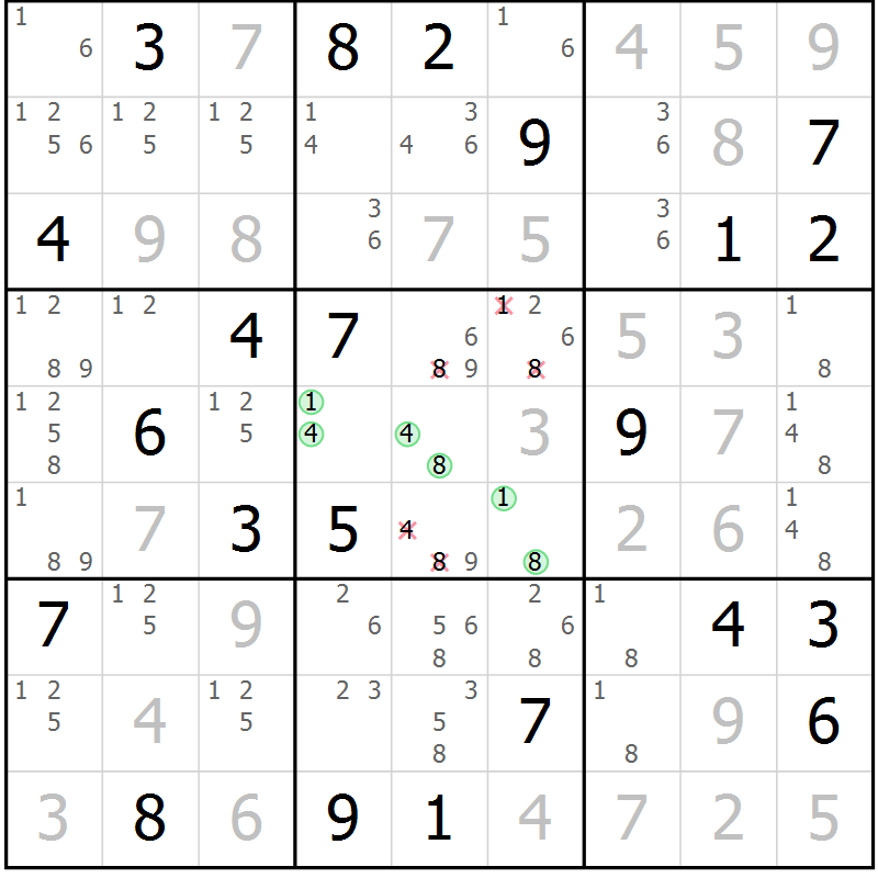 Position des candidats pour la solution de la Gr 1 page 4 du magazine de sudoku Virtuose n° 123