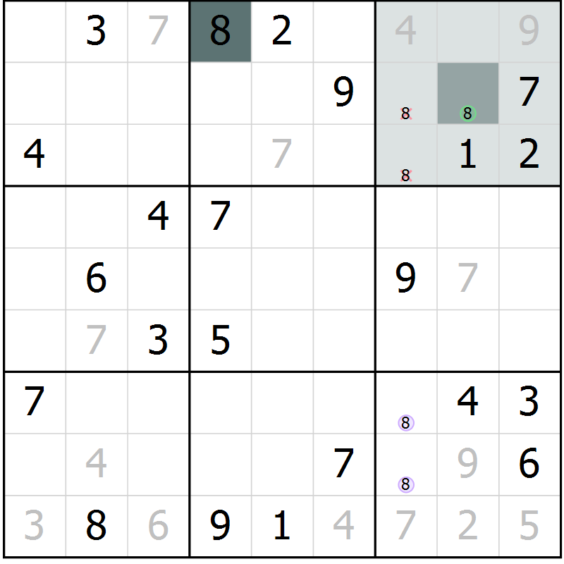 Position des candidats pour la solution de la Gr 1 page 4 du magazine de sudoku Virtuose n° 123
