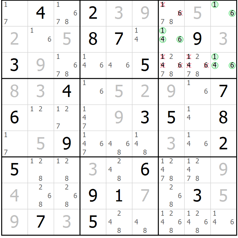 Position des candidats pour la solution de la Gr 11 page 14 du magazine de sudoku Virtuose n° 123