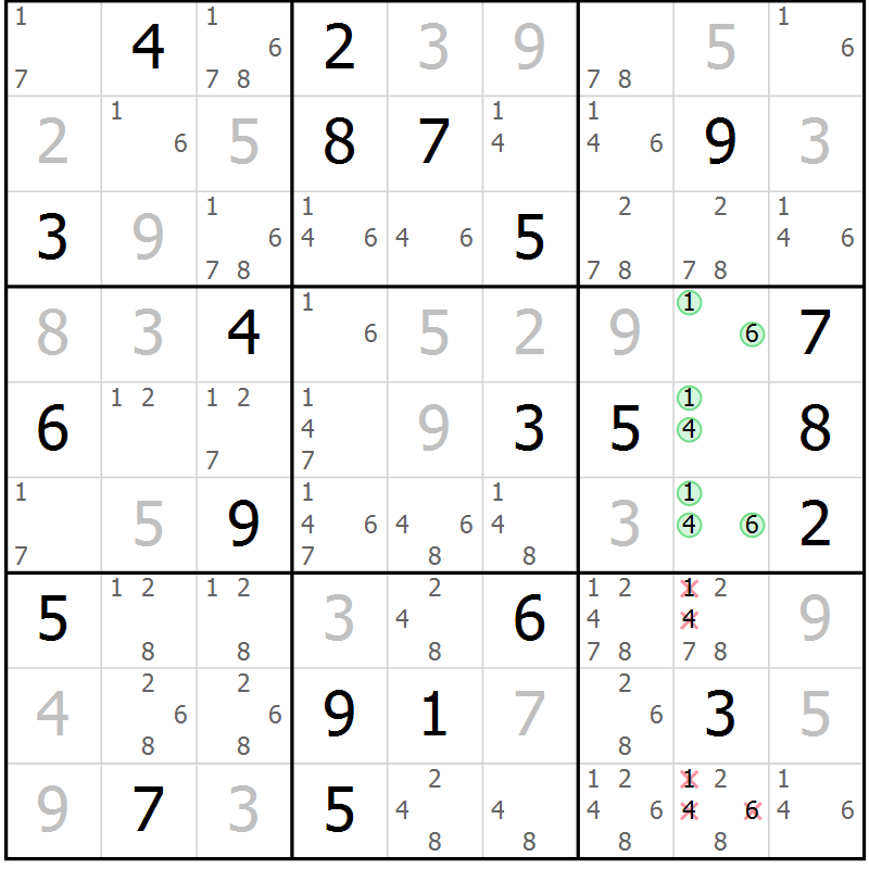 Position des candidats pour la solution de la Gr 11 page 14 du magazine de sudoku Virtuose n° 123