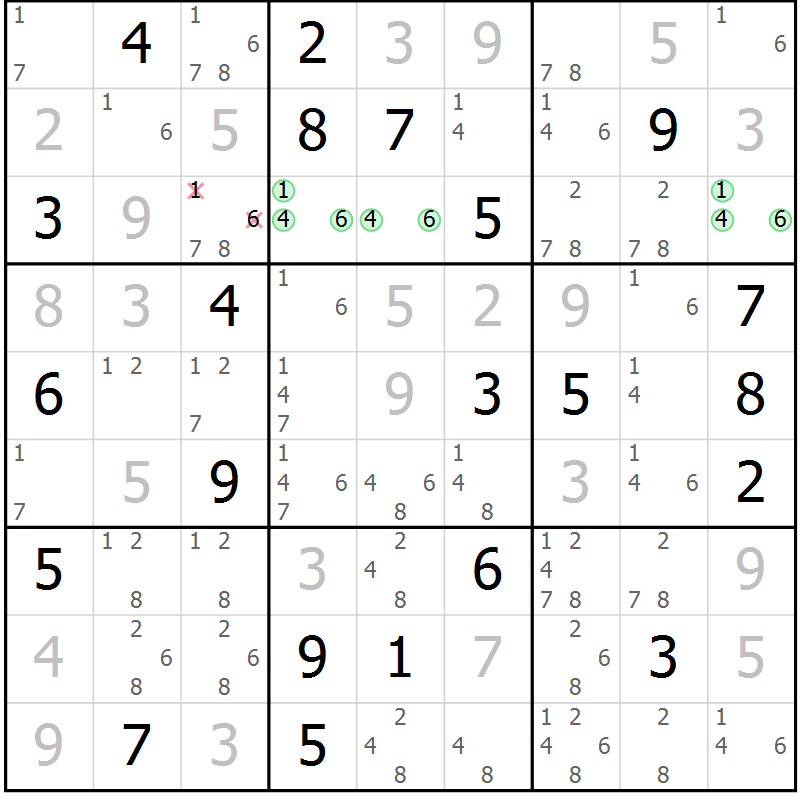 Position des candidats pour la solution de la Gr 11 page 14 du magazine de sudoku Virtuose n° 123