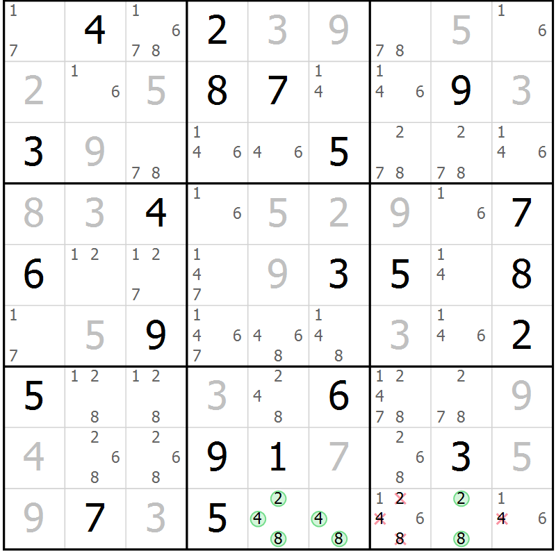 Position des candidats pour la solution de la Gr 11 page 14 du magazine de sudoku Virtuose n° 123