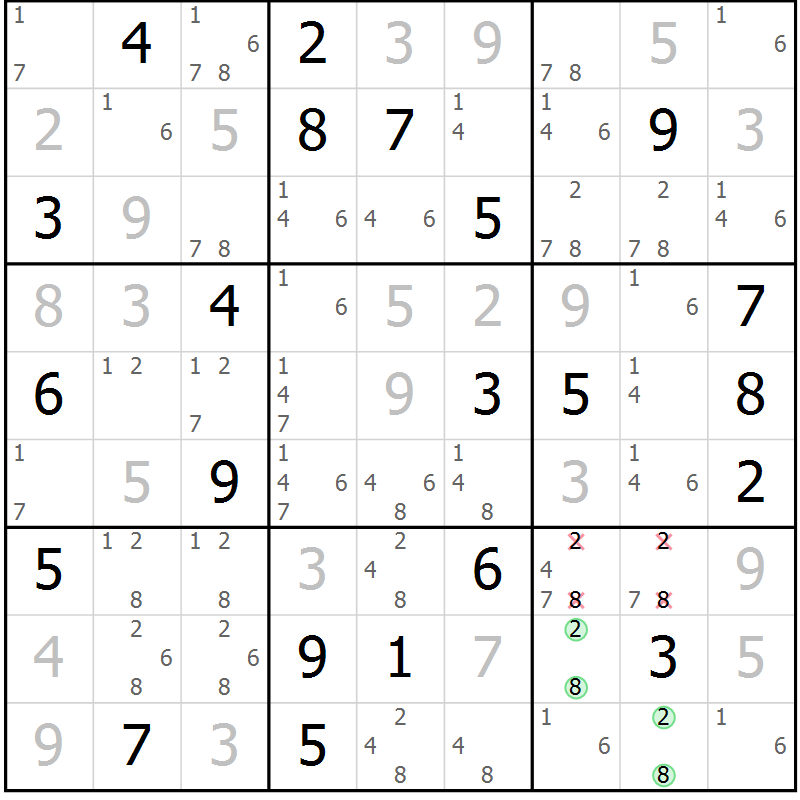 Position des candidats pour la solution de la Gr 11 page 14 du magazine de sudoku Virtuose n° 123