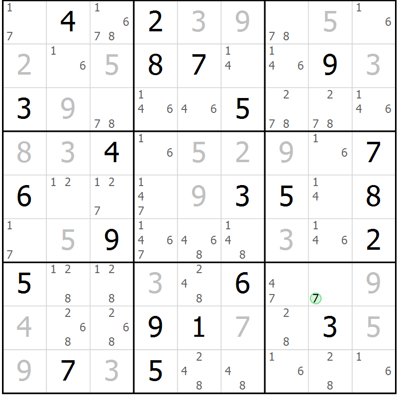 Position des candidats pour la solution de la Gr 11 page 14 du magazine de sudoku Virtuose n° 123
