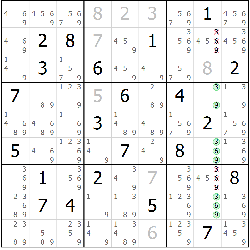Position des candidats pour la solution de la Gr 12 page 15 du magazine de sudoku Virtuose n° 123