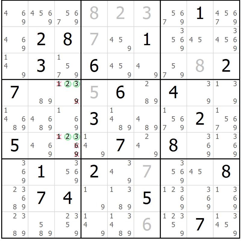 Position des candidats pour la solution de la Gr 12 page 15 du magazine de sudoku Virtuose n° 123