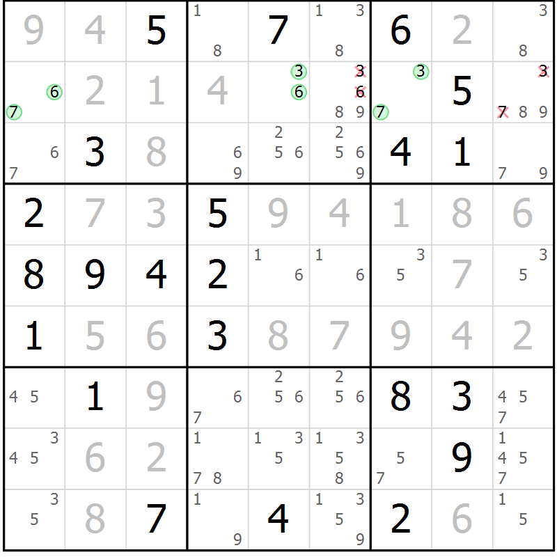 Position des candidats pour la solution de la Gr 13 page 16 du magazine de sudoku Virtuose n° 123