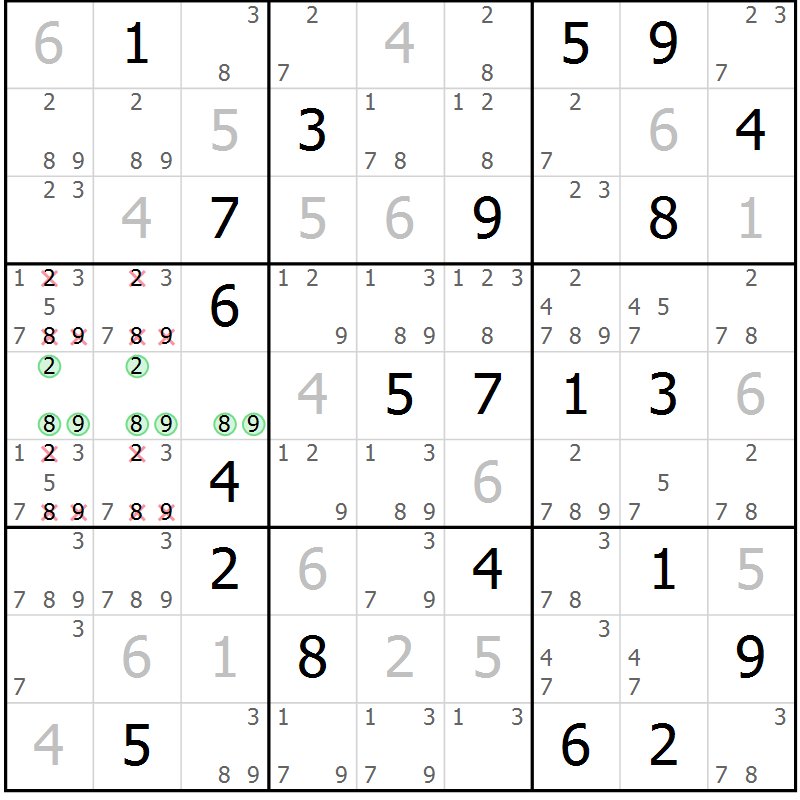 Position des candidats pour la solution de la Gr 15 page 18 du magazine de sudoku Virtuose n° 123