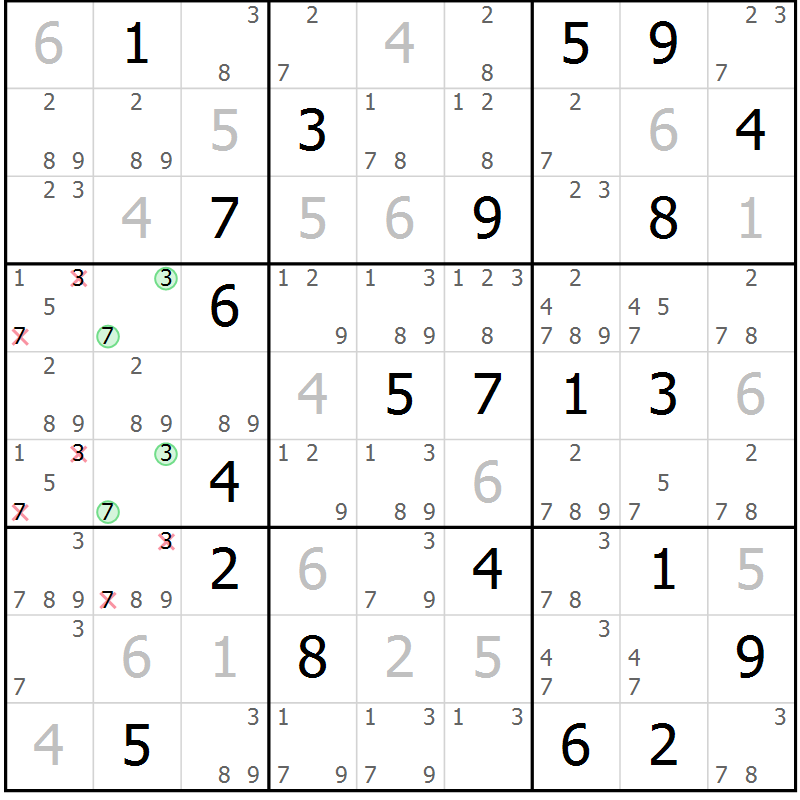 Position des candidats pour la solution de la Gr 15 page 18 du magazine de sudoku Virtuose n° 123