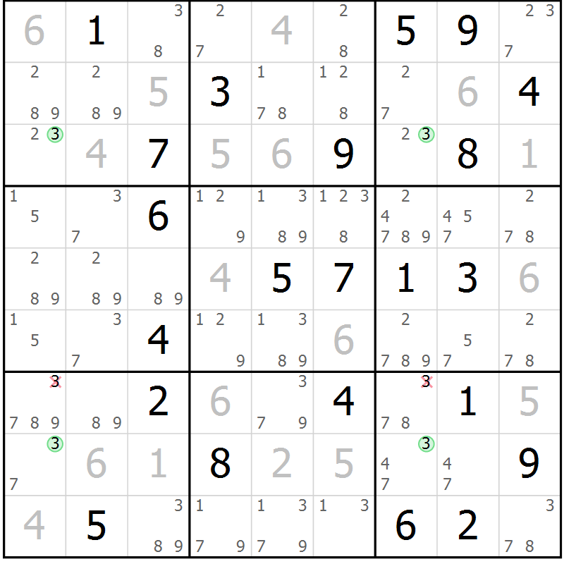 Position des candidats pour la solution de la Gr 15 page 18 du magazine de sudoku Virtuose n° 123