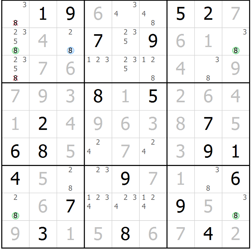 Position des candidats pour la solution de la Gr 17 page 20 du magazine de sudoku Virtuose n° 123