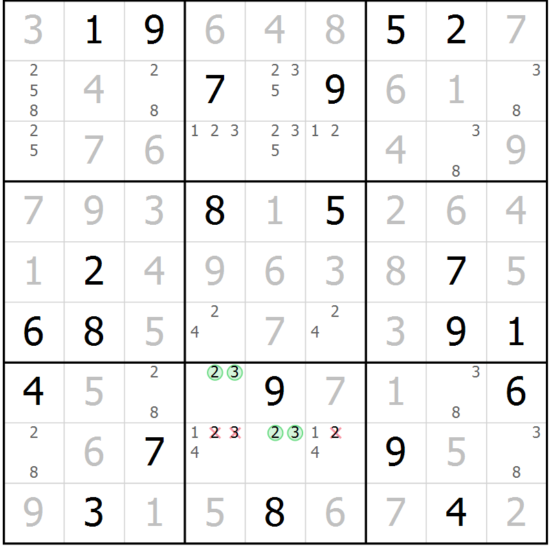 Position des candidats pour la solution de la Gr 17 page 20 du magazine de sudoku Virtuose n° 123