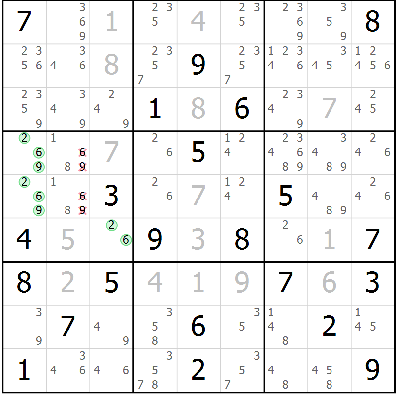 Position des candidats pour la solution de la Gr 18 page 21 du magazine de sudoku Virtuose n° 123