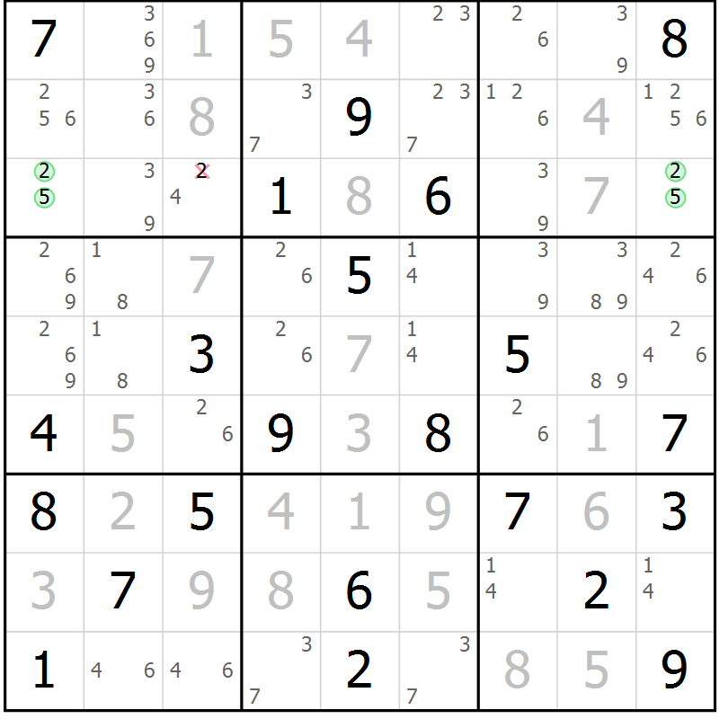Position des candidats pour la solution de la Gr 18 page 21 du magazine de sudoku Virtuose n° 123