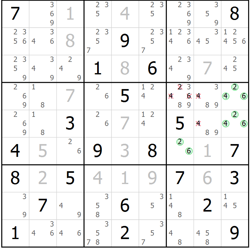 Position des candidats pour la solution de la Gr 18 page 21 du magazine de sudoku Virtuose n° 123