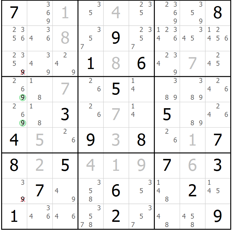Position des candidats pour la solution de la Gr 18 page 21 du magazine de sudoku Virtuose n° 123