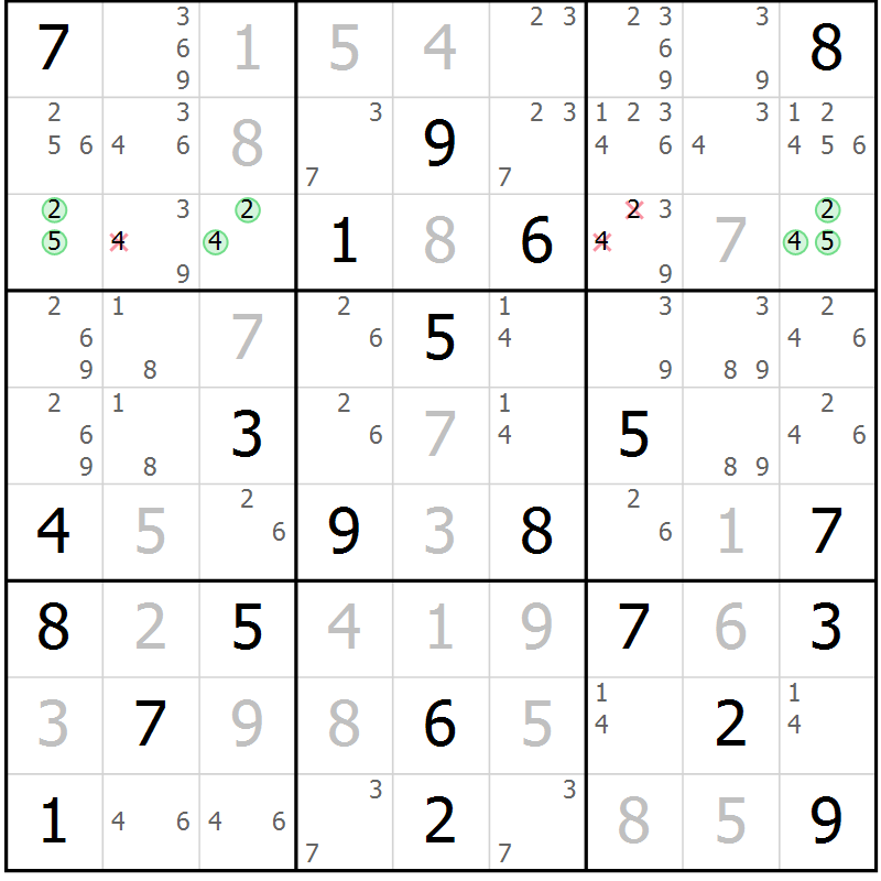 Position des candidats pour la solution de la Gr 18 page 21 du magazine de sudoku Virtuose n° 123